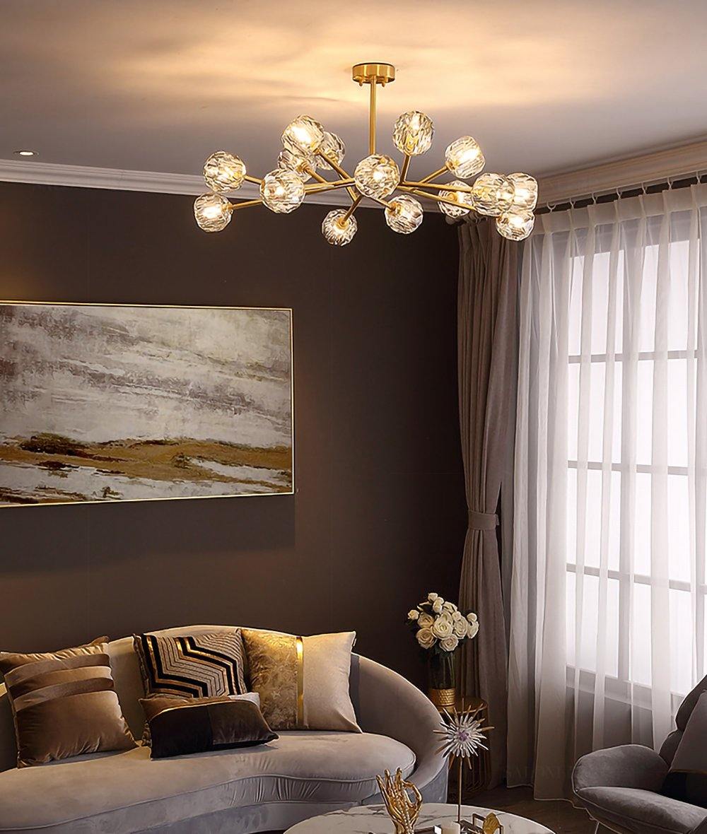 Modern Crystal Sphere Cluster Chandelier Round Brass Pendant Light for Dining Room