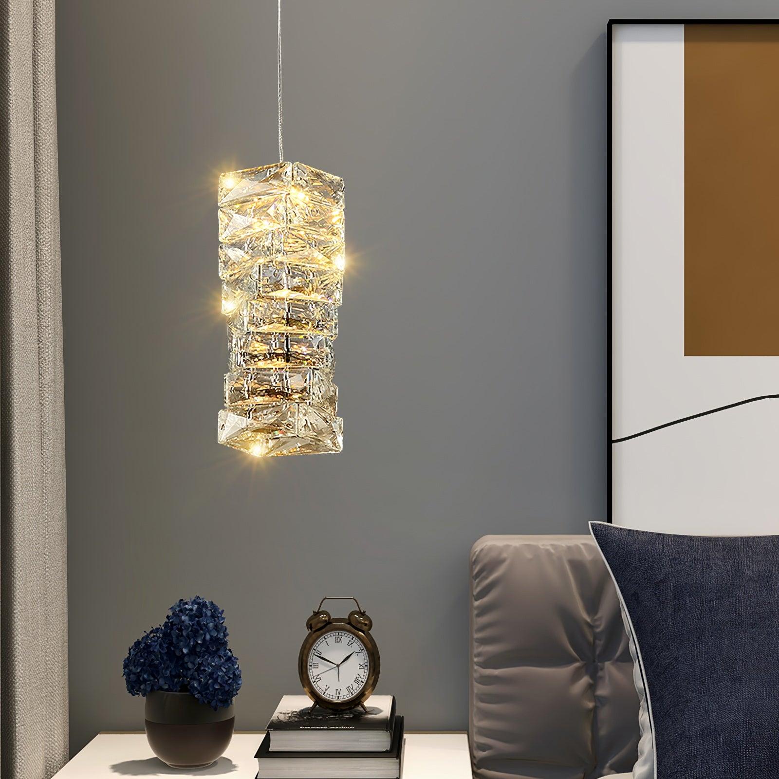 Modern Crystal Tube Pendant Light Silver Finish LED Hanging Lamp for Luxury Interior Decor