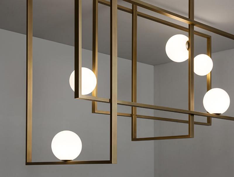 Modern Cubist Style Geometric Glass Ceiling Light with Murano Spheres and Metal Frame