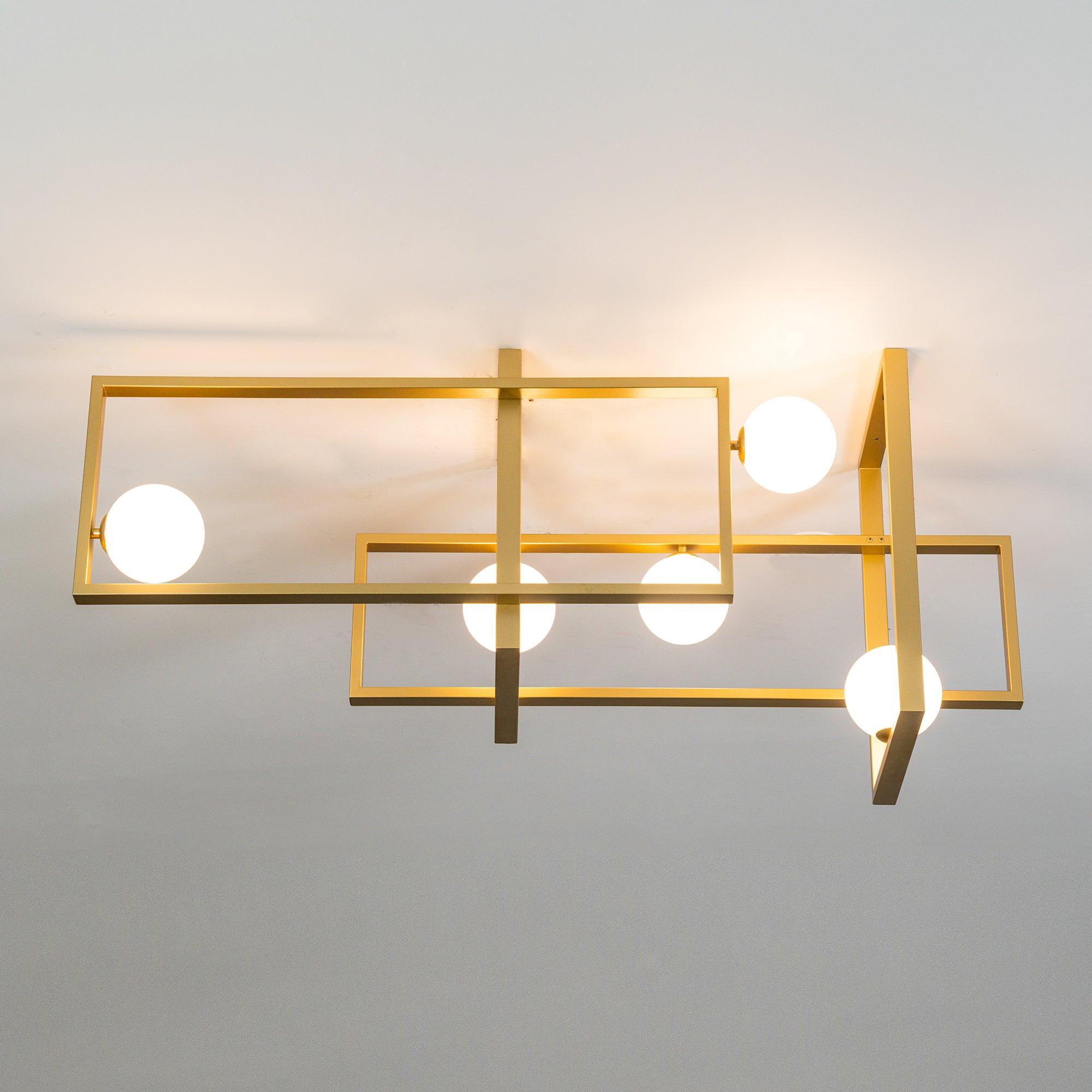 Modern Cubist Style Geometric Glass Ceiling Light with Murano Spheres and Metal Frame