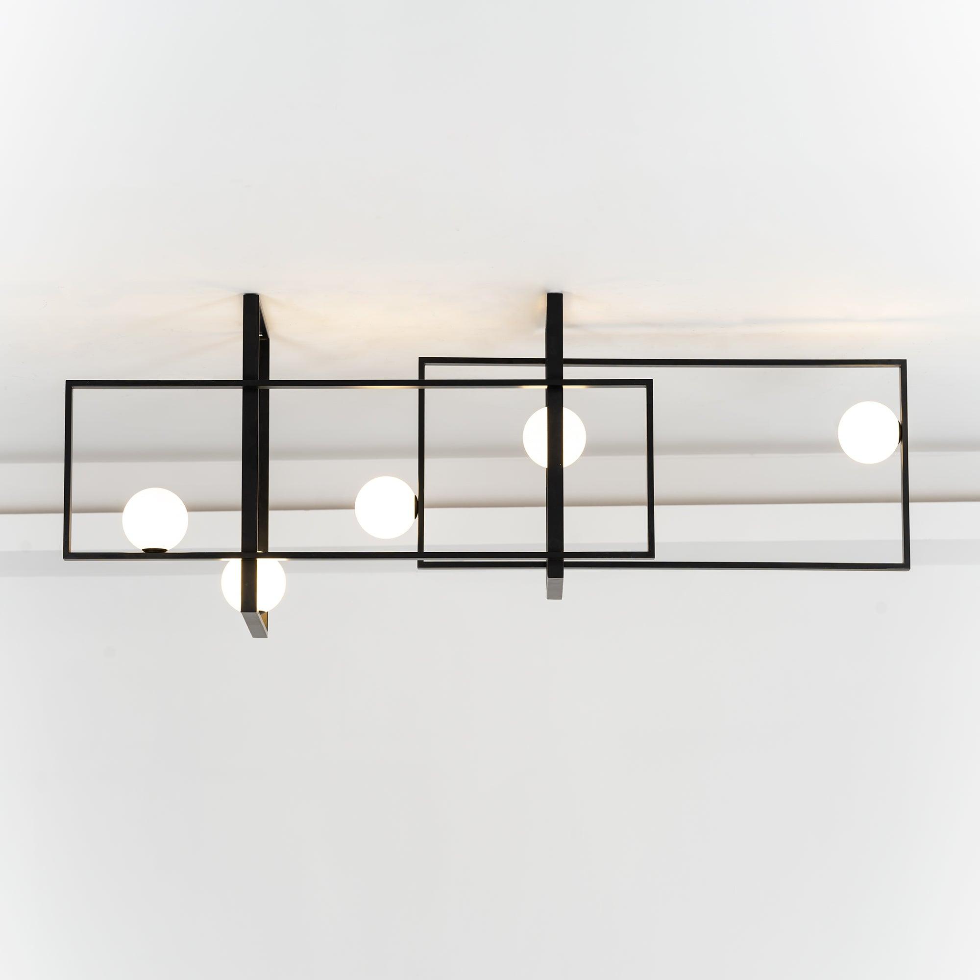 Modern Cubist Style Geometric Glass Ceiling Light with Murano Spheres and Metal Frame
