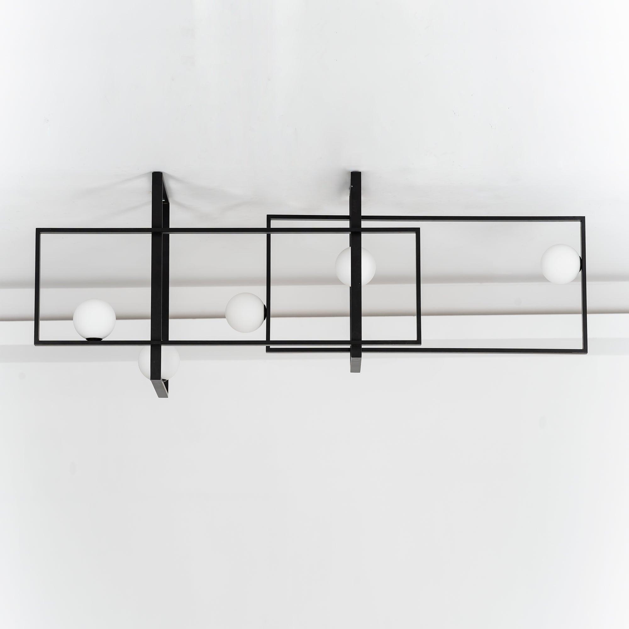 Modern Cubist Style Geometric Glass Ceiling Light with Murano Spheres and Metal Frame