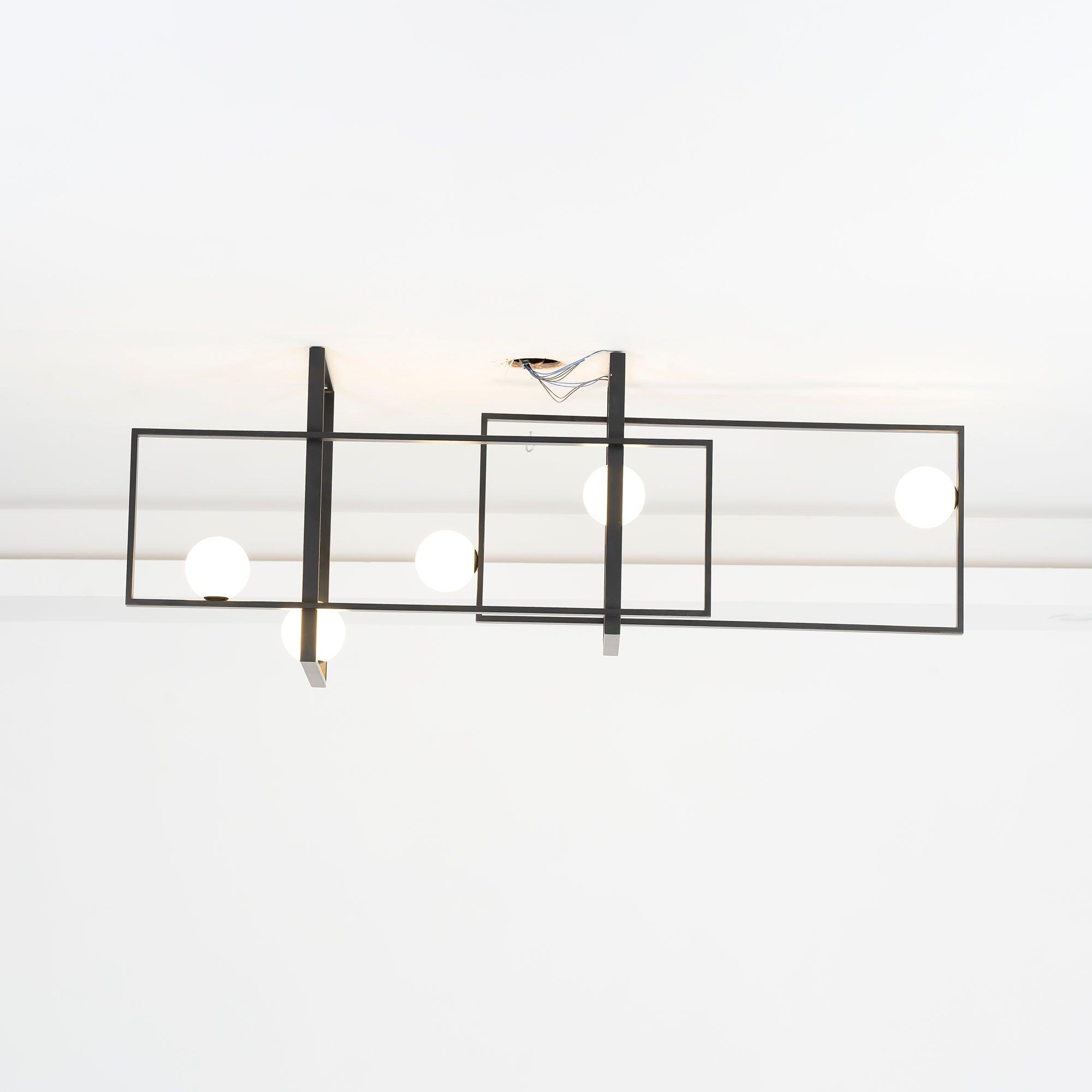 Modern Cubist Style Geometric Glass Ceiling Light with Murano Spheres and Metal Frame
