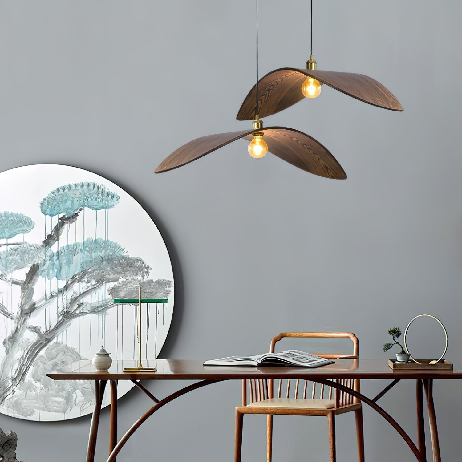 Modern Curved Fraxinus Wood Pendant Light Walnut Finish Scandinavian Hanging Lamp