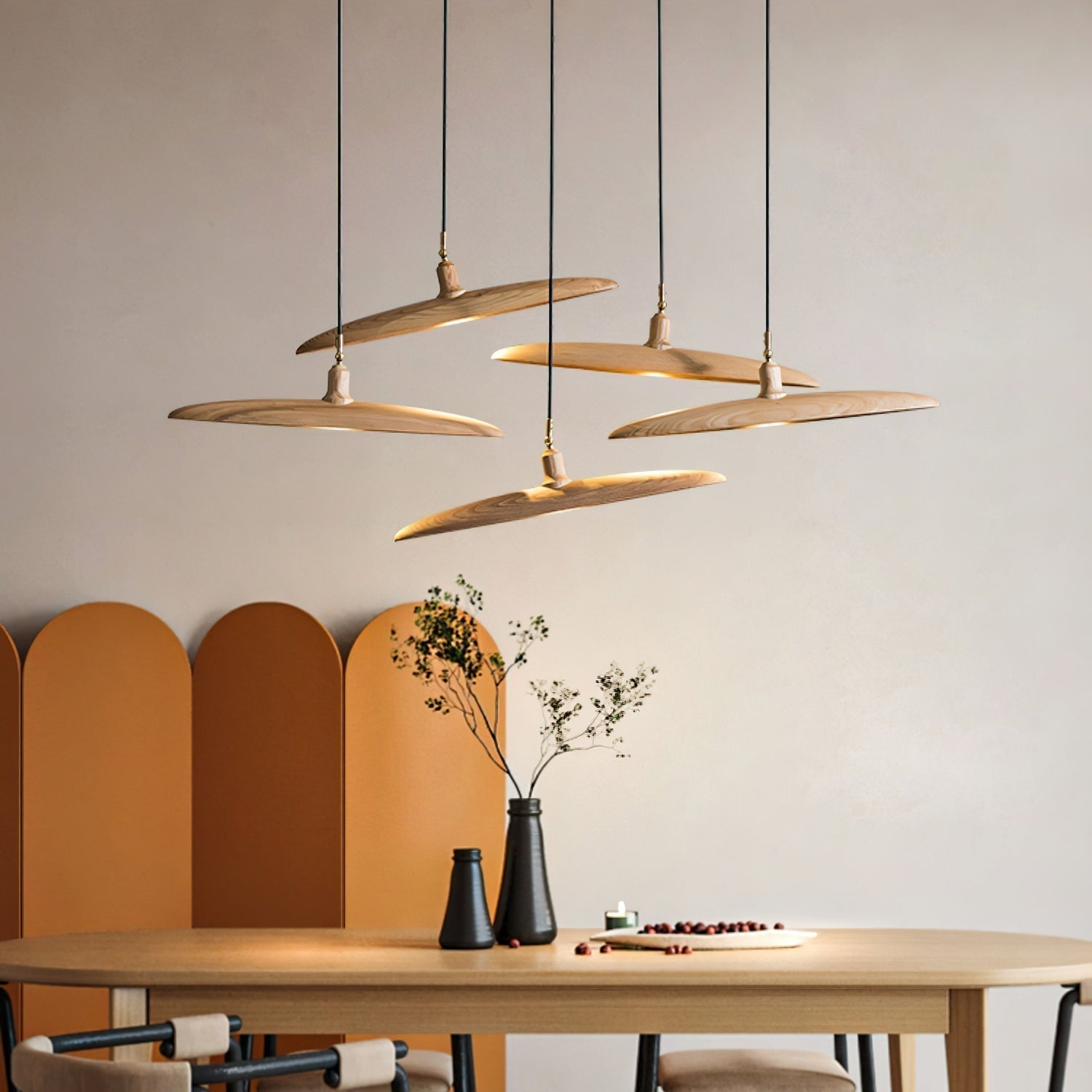 Modern Curved Wooden Paddle Boat LED Chandelier Minimalist Pendant Light Fixture