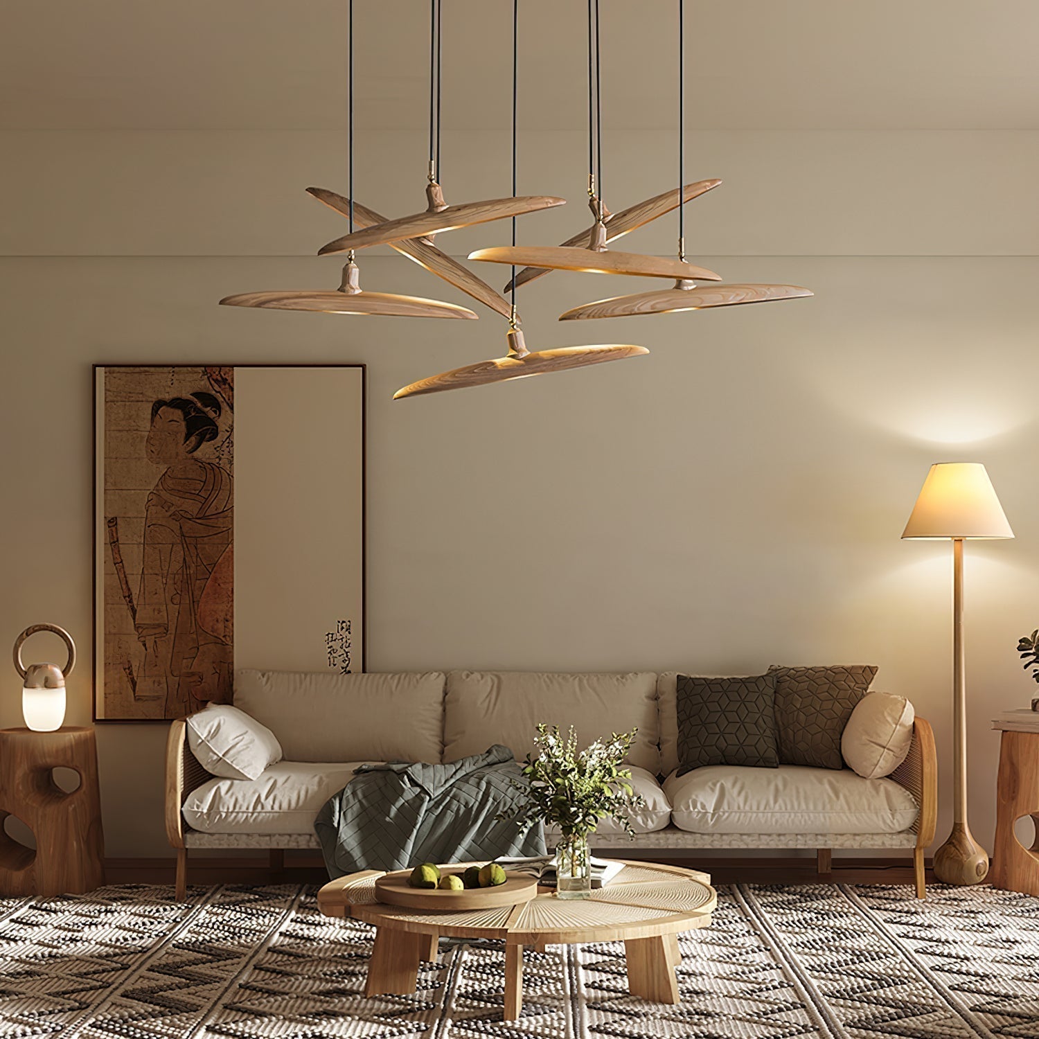 Modern Curved Wooden Paddle Boat LED Chandelier Minimalist Pendant Light Fixture