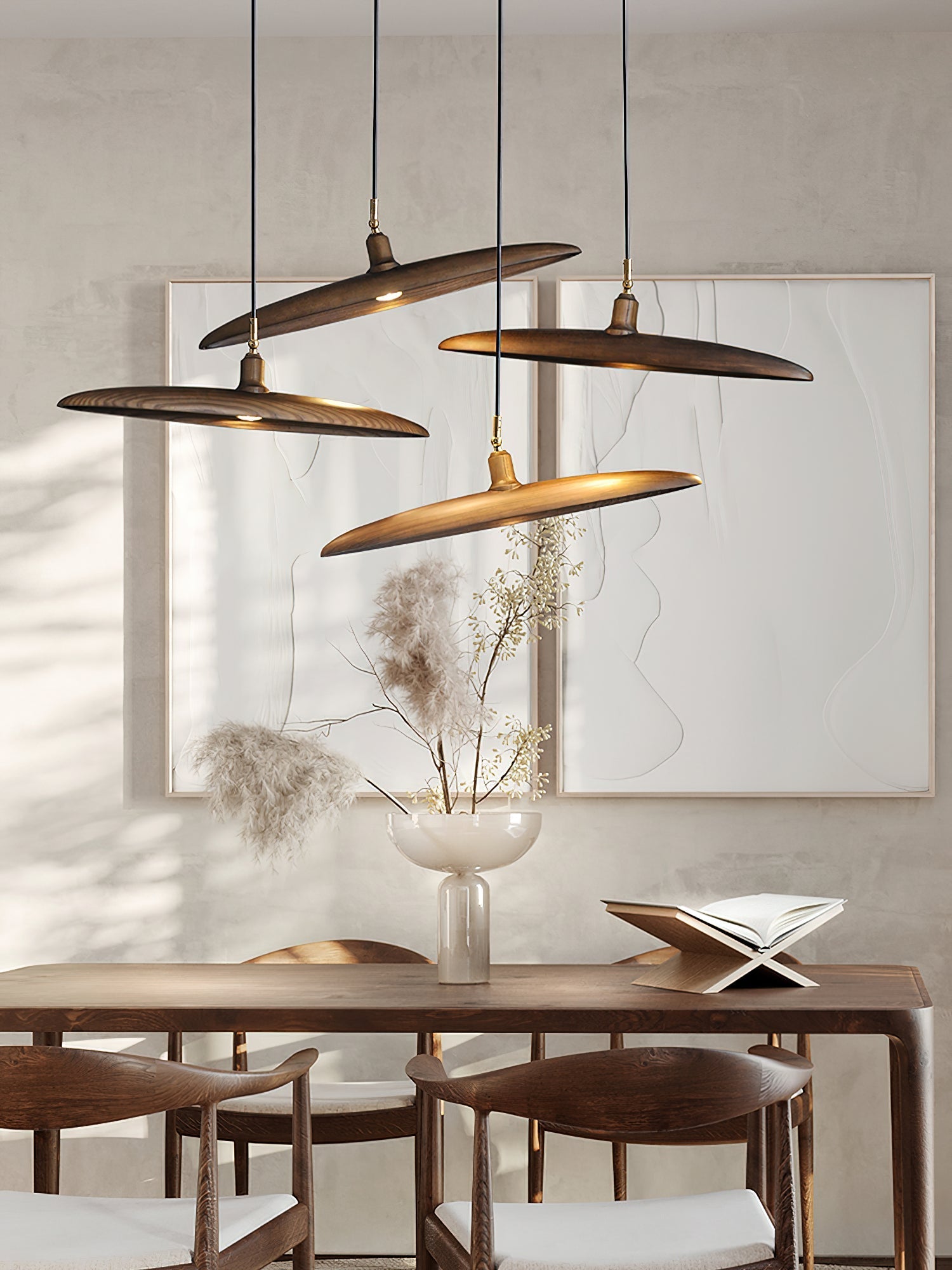 Modern Curved Wooden Paddle Boat LED Chandelier Minimalist Pendant Light Fixture