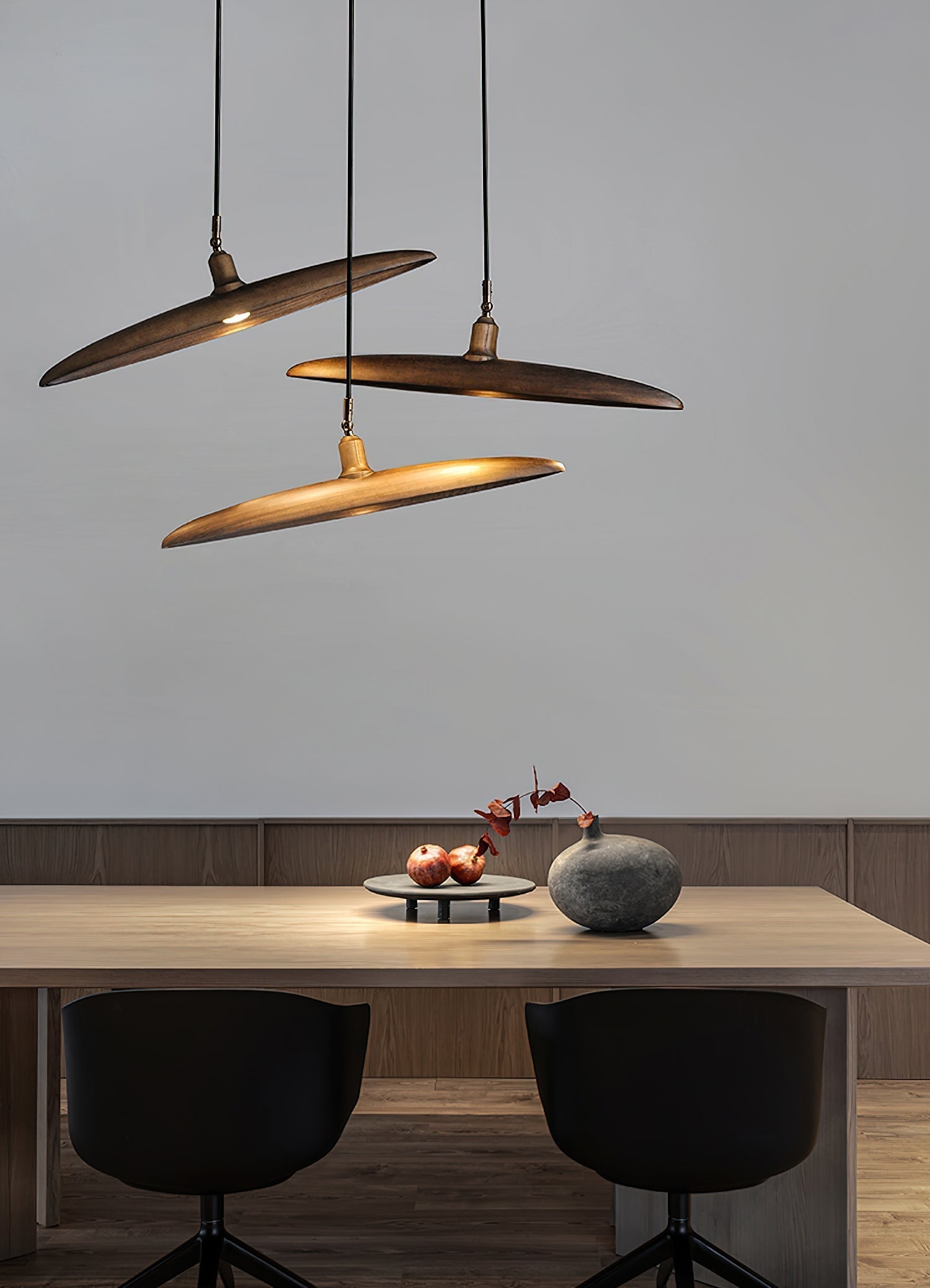 Modern Curved Wooden Paddle Boat LED Chandelier Minimalist Pendant Light Fixture