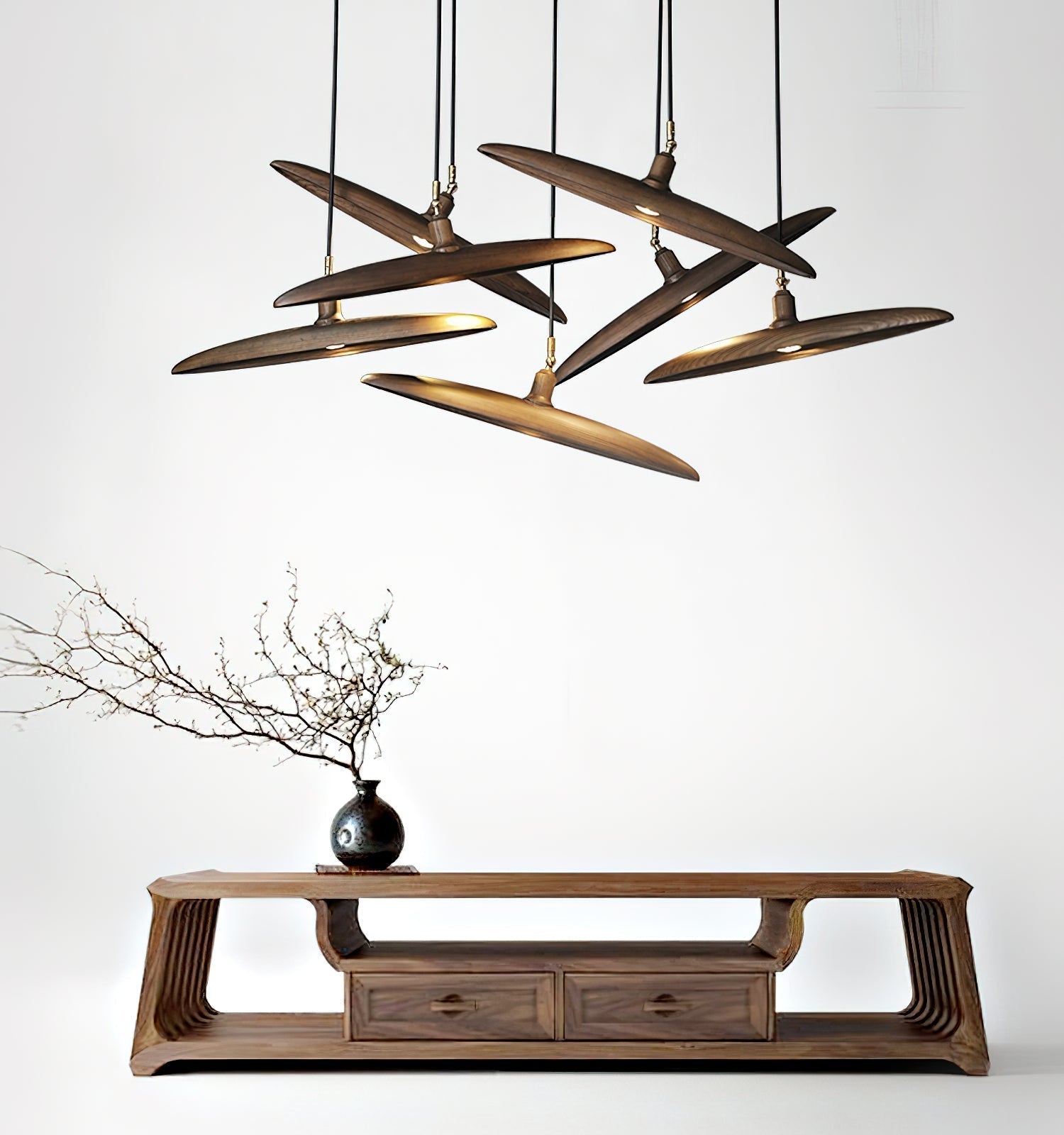 Modern Curved Wooden Paddle Boat LED Chandelier Minimalist Pendant Light Fixture