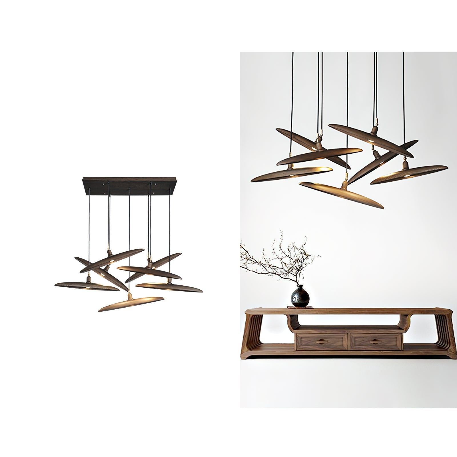 Modern Curved Wooden Paddle Boat LED Chandelier Minimalist Pendant Light Fixture