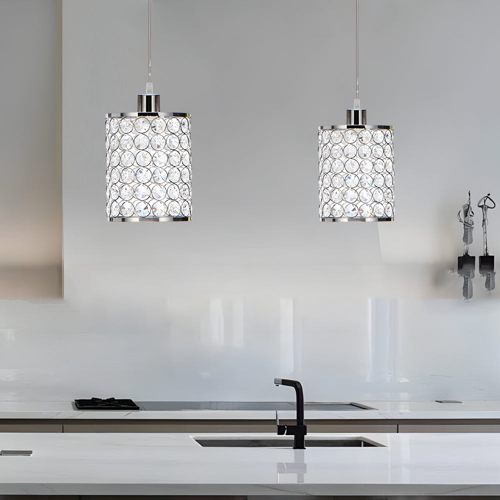 Modern Cylinder Crystal Pendant Lights Set of 2 Nordic Style Hanging Lamps for Dining Room