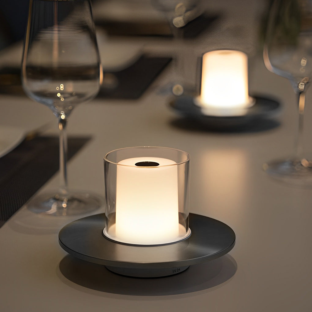 Modern Cylinder Rechargeable LED Candle Table Lamp with Dish Base and Touch Dimmer