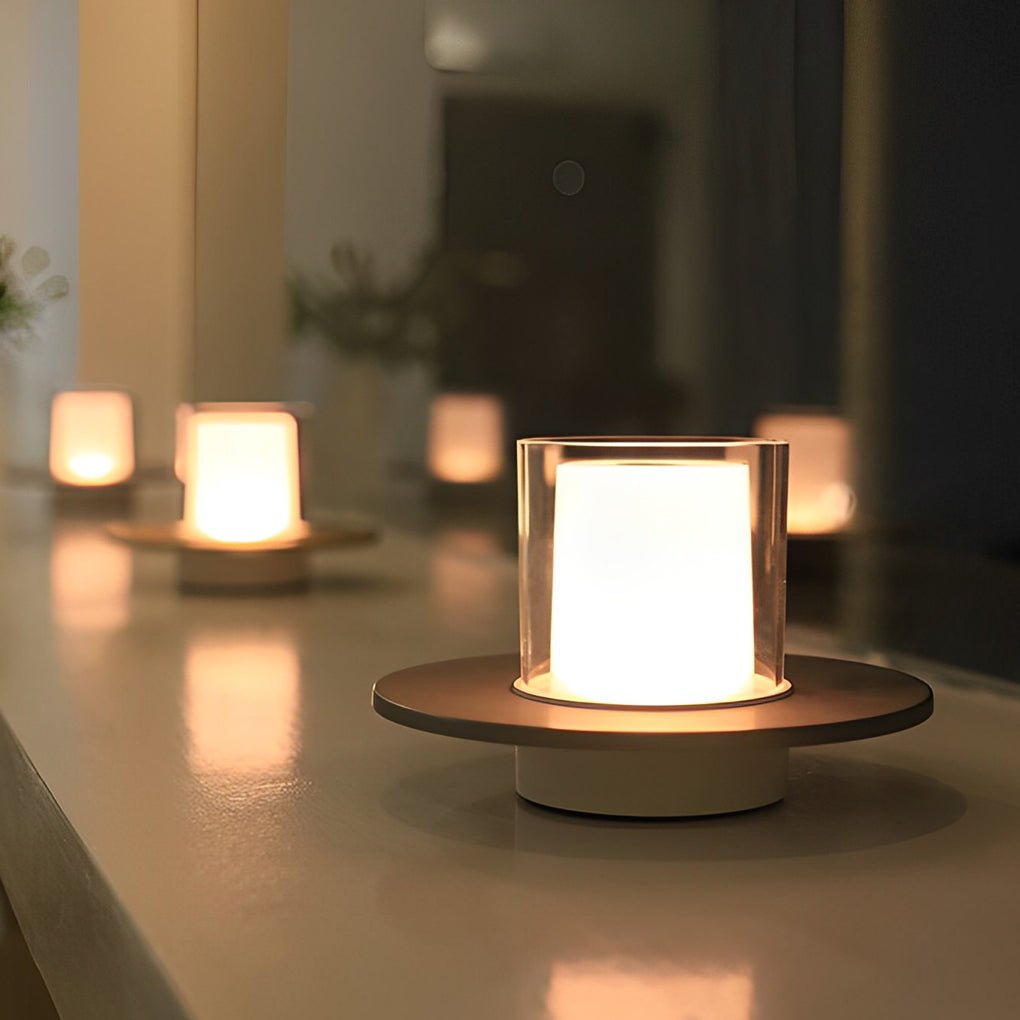 Modern Cylinder Rechargeable LED Candle Table Lamp with Dish Base and Touch Dimmer