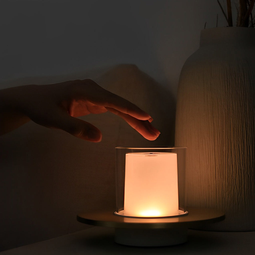 Modern Cylinder Rechargeable LED Candle Table Lamp with Dish Base and Touch Dimmer