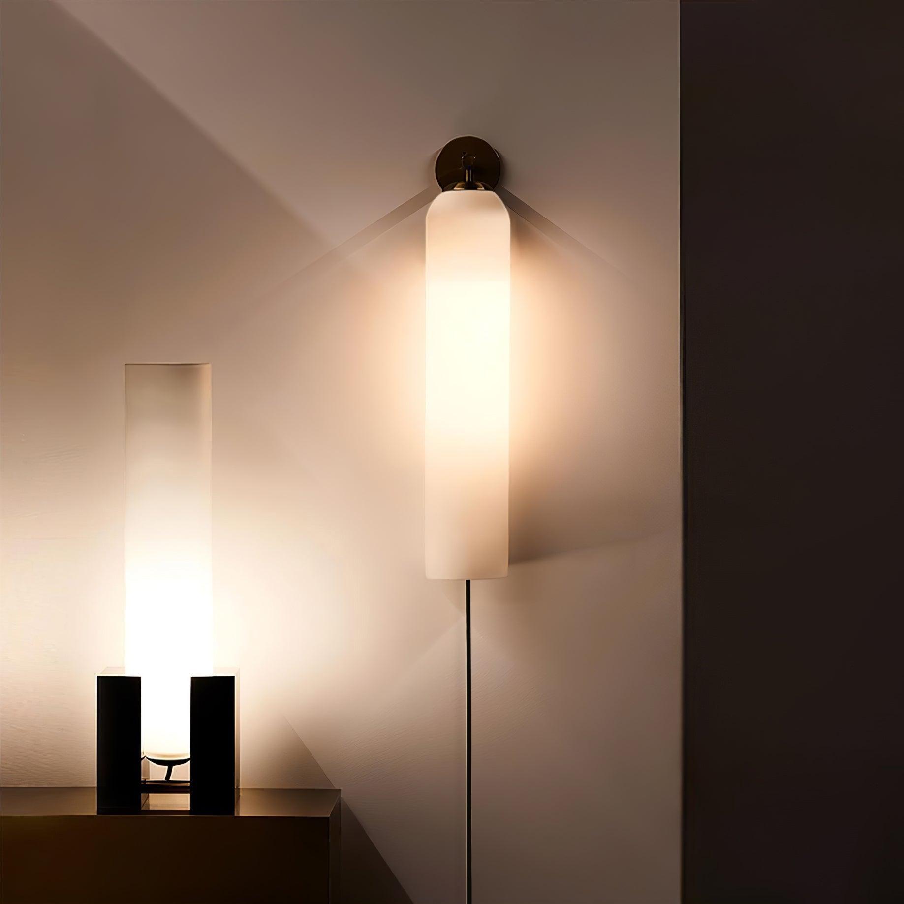 Modern Cylindrical Art Glass Plug In Wall Sconce Lighting with Metal Hardware for Bedroom and Living Room