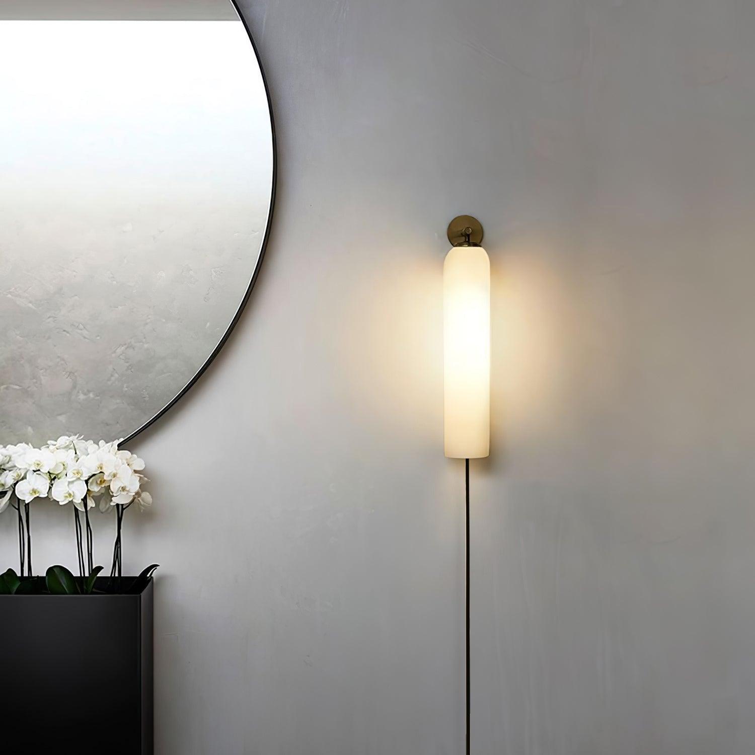 Modern Cylindrical Art Glass Plug In Wall Sconce Lighting with Metal Hardware for Bedroom and Living Room