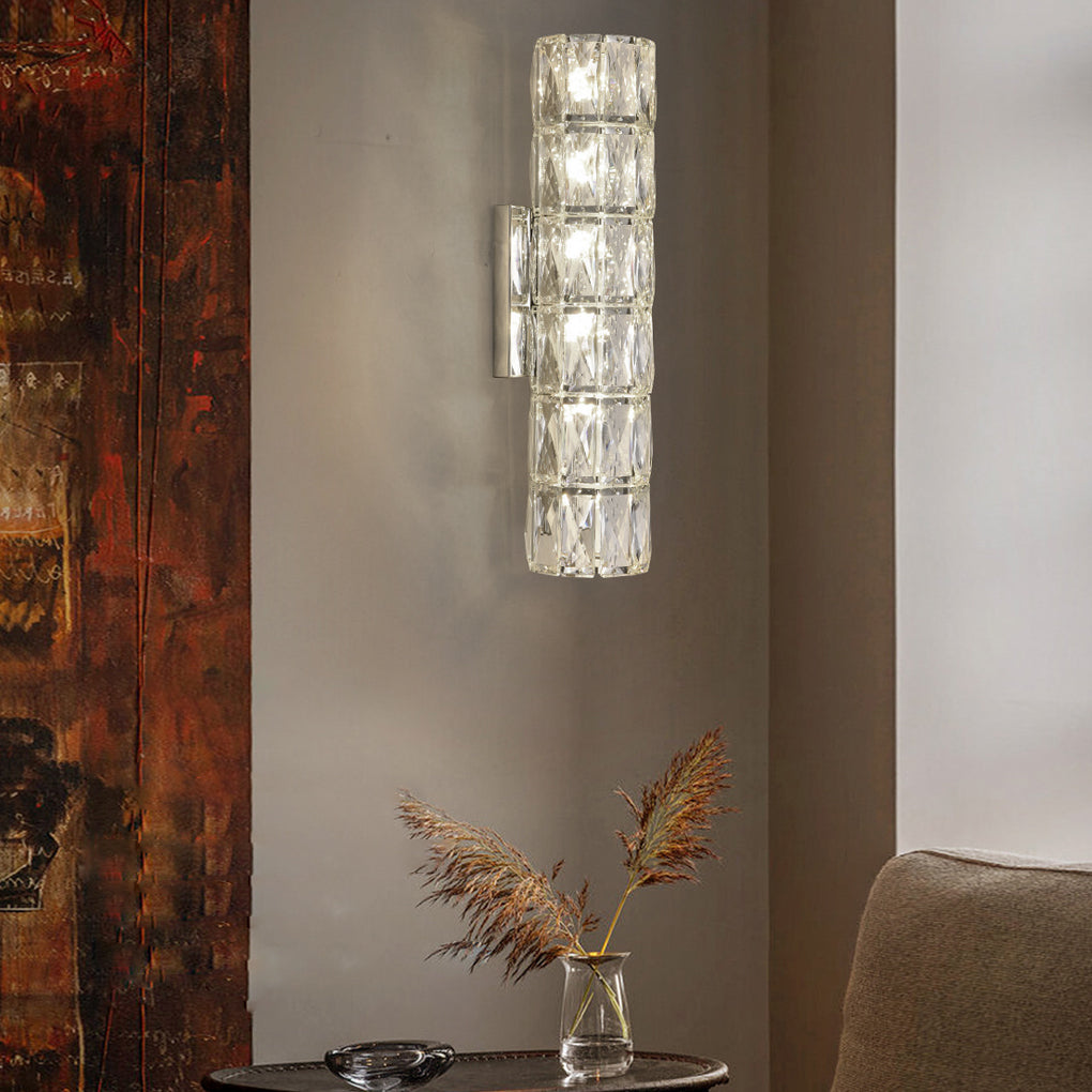 Modern Cylindrical Crystal LED Wall Sconce with 3 Color Dimming Modes for Living Room and Bedroom