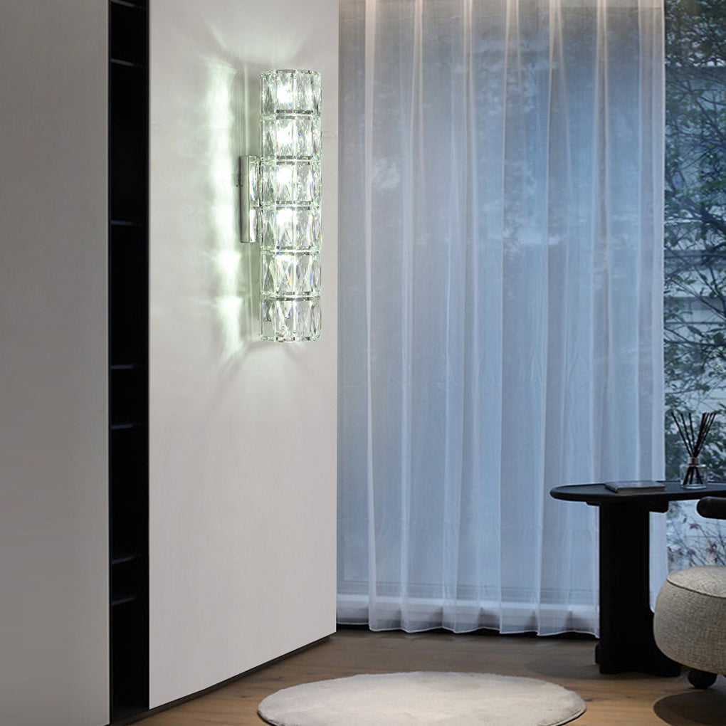 Modern Cylindrical Crystal LED Wall Sconce with 3 Color Dimming Modes for Living Room and Bedroom