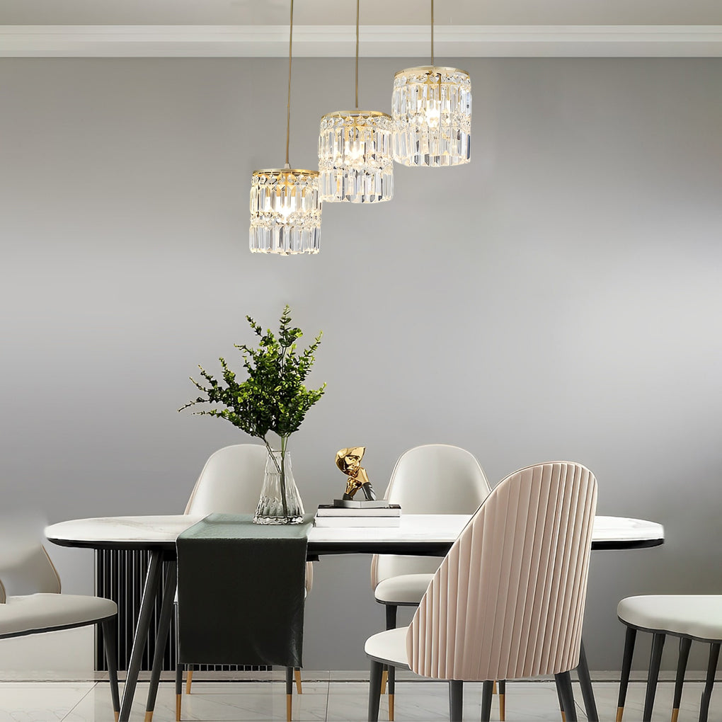 Modern Cylindrical Crystal Pendant Light Three Step Dimming Nordic Hanging Chandelier for Dining Room