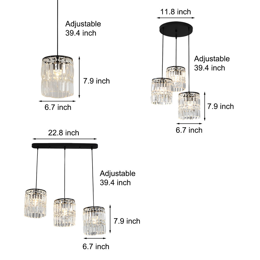 Modern Cylindrical Crystal Pendant Light Three Step Dimming Nordic Hanging Chandelier for Dining Room