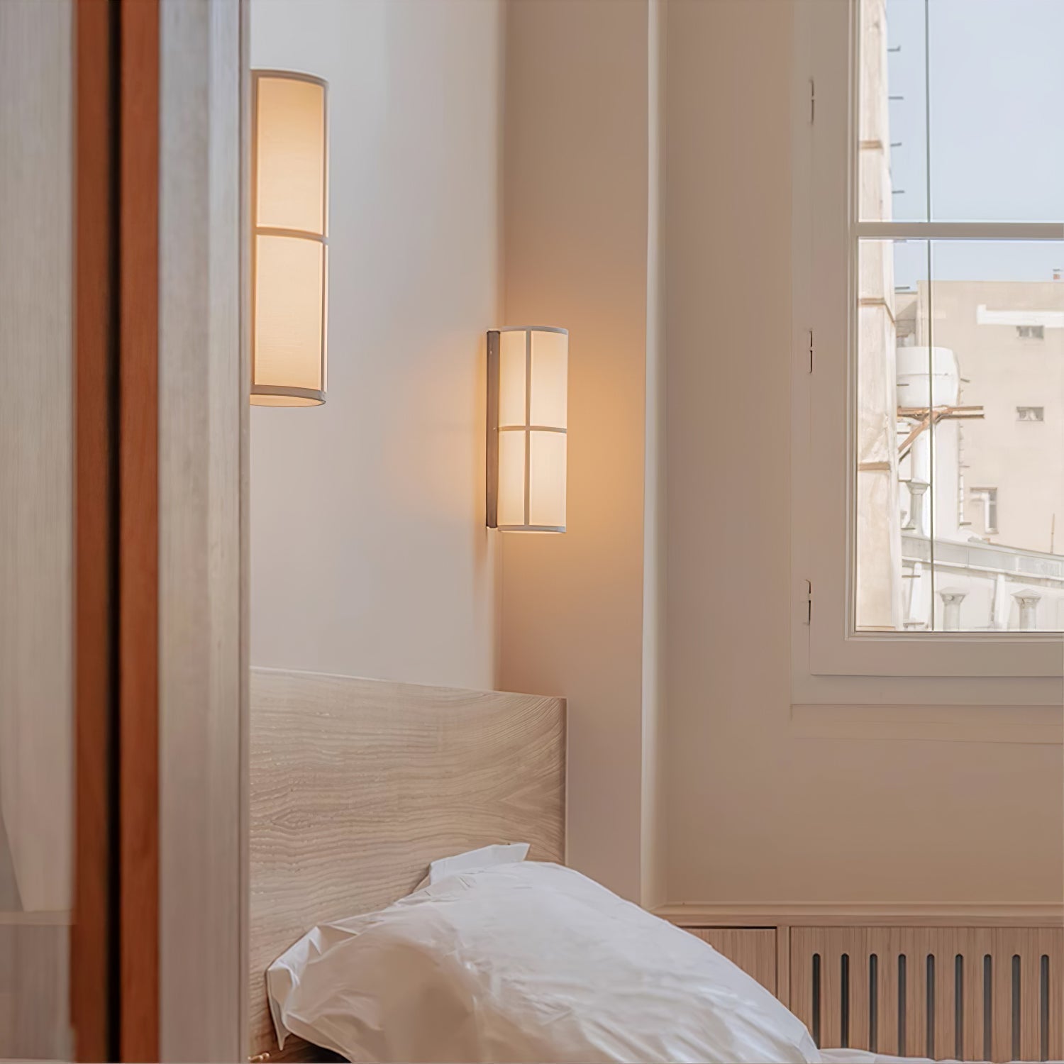 Modern Cylindrical Fabric Wall Sconce Interior Light with Metal Base and Linen Shade