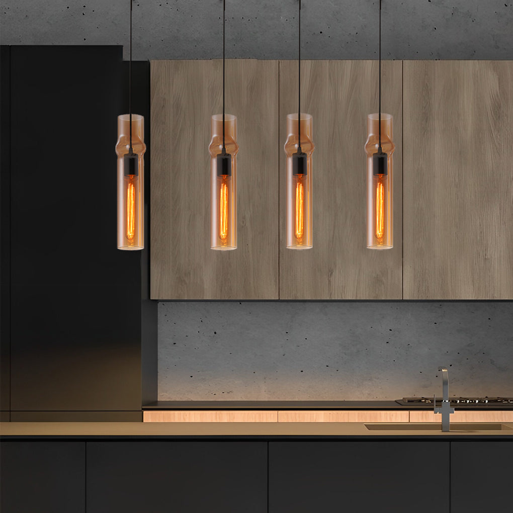 Modern Cylindrical Glass Pendant Light for Dining Room Kitchen and Bedroom Smoke Gray Amber