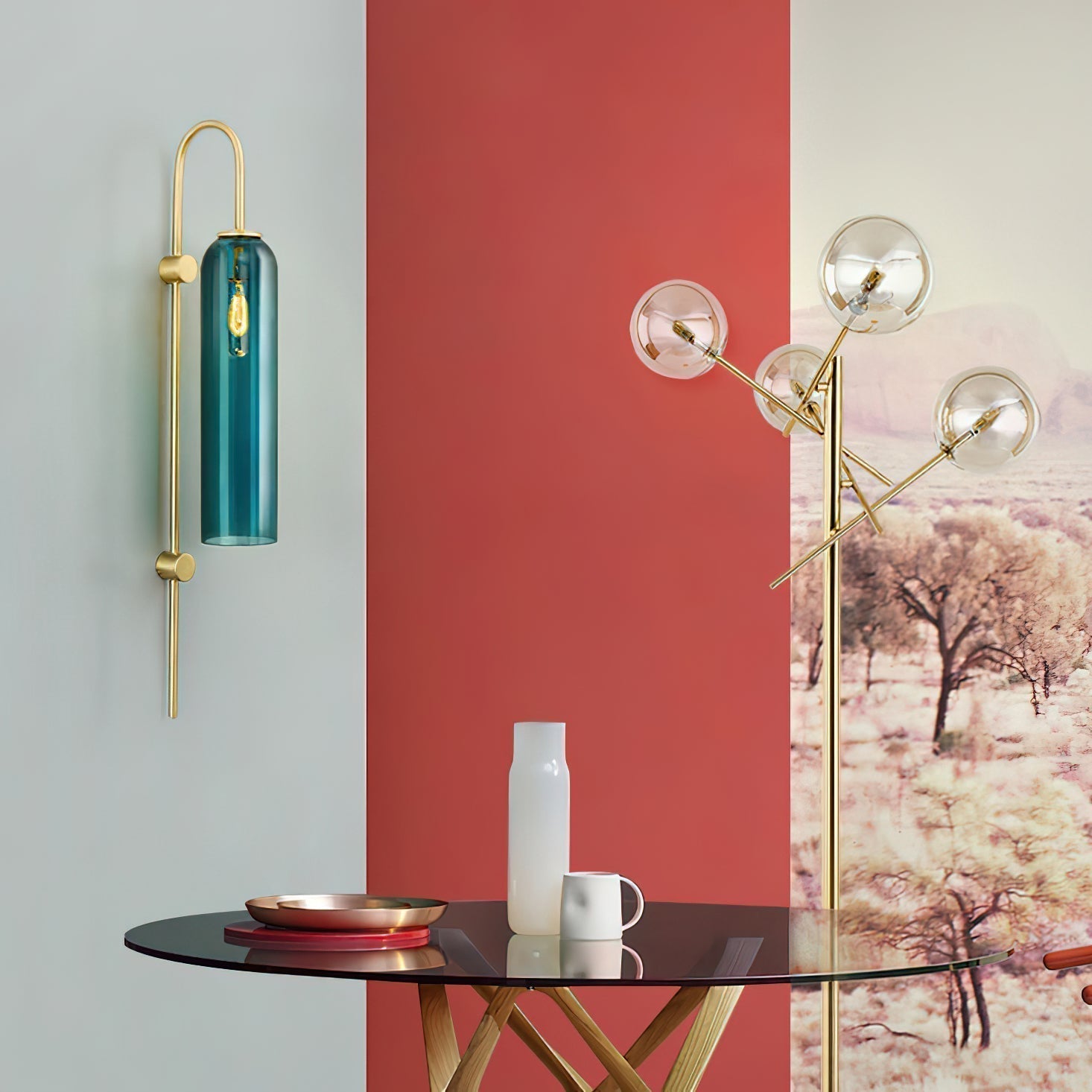 Modern Cylindrical Glass Wall Sconce Light Fixture with Mouth Blown Glass Shade
