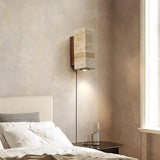 Modern Cylindrical Travertine Stone and Walnut Wood Plug In Wall Sconce LED Light