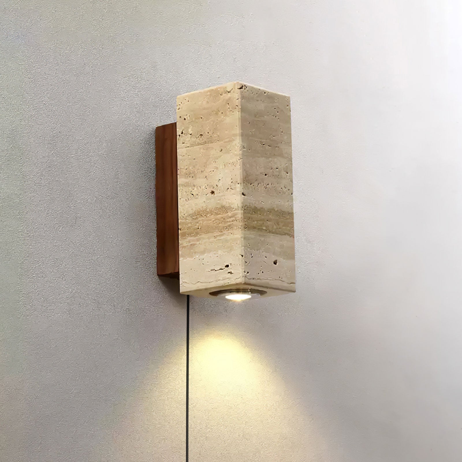 Modern Cylindrical Travertine Stone and Walnut Wood Plug In Wall Sconce LED Light