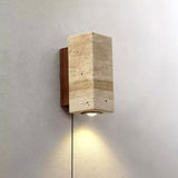 Modern Cylindrical Travertine Stone and Walnut Wood Plug In Wall Sconce LED Light
