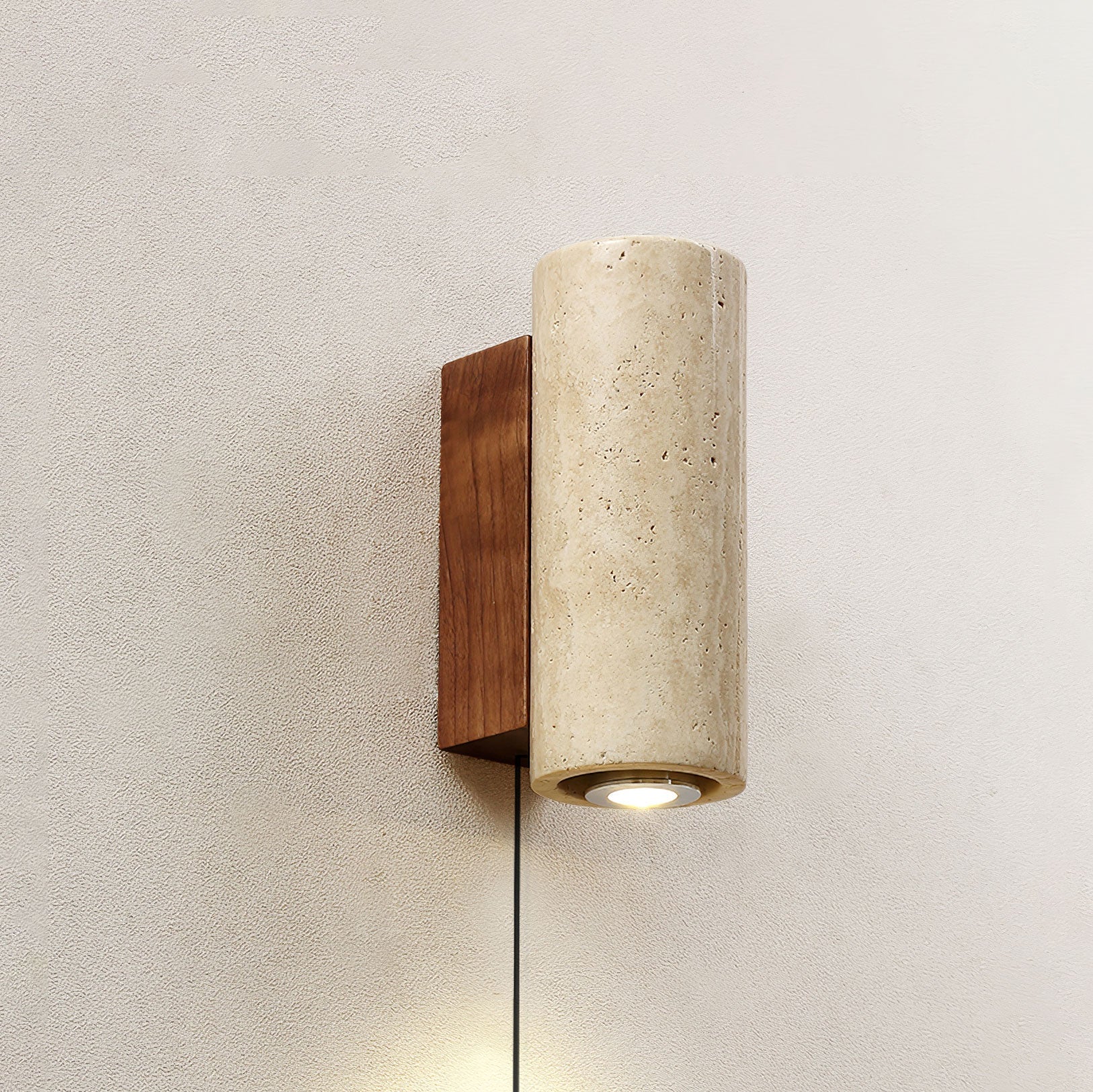 Modern Cylindrical Travertine Stone and Walnut Wood Plug In Wall Sconce LED Light