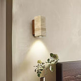 Modern Cylindrical Travertine Stone and Walnut Wood Plug In Wall Sconce LED Light