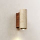 Modern Cylindrical Travertine Stone and Walnut Wood Plug In Wall Sconce LED Light