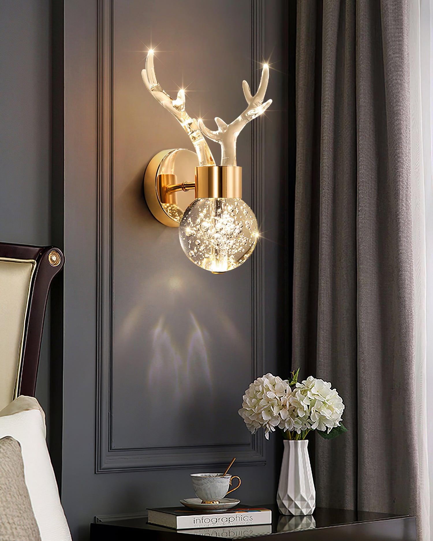 Modern Deer Design Crystal LED Wall Sconce Gold Animal Inspired Indoor Accent Light
