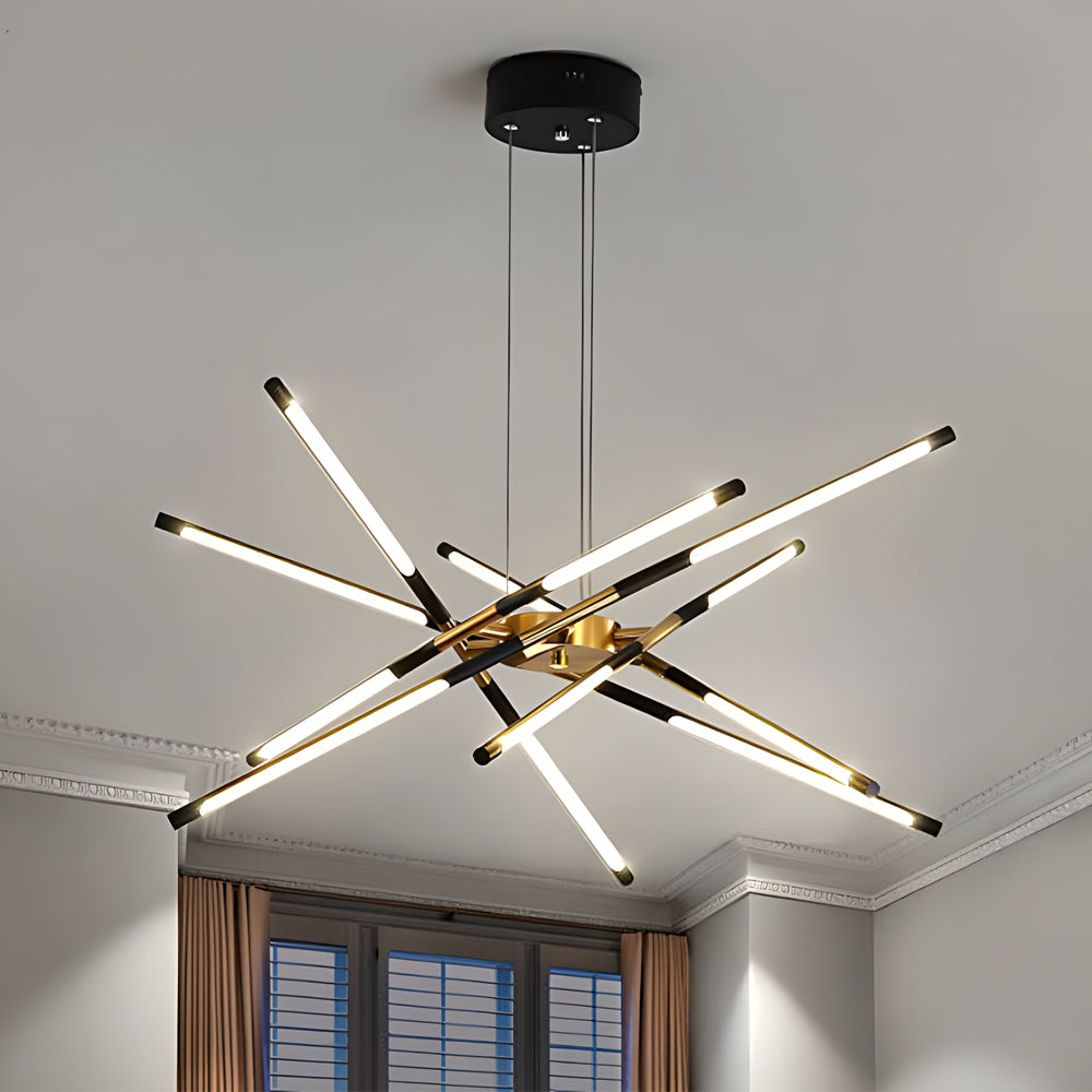 Modern Dimmable Long Strip Sputnik LED Chandelier for Living Room in Gold and Black