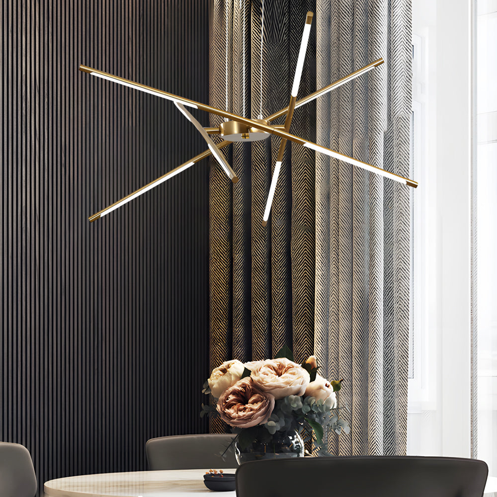 Modern Dimmable Long Strip Sputnik LED Chandelier for Living Room in Gold and Black