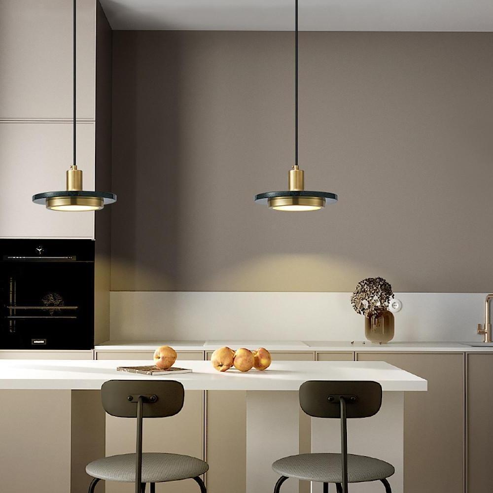 Modern Double Circle Marble LED Pendant Light Metal Hanging Lamp for Kitchen Island and Dining Room