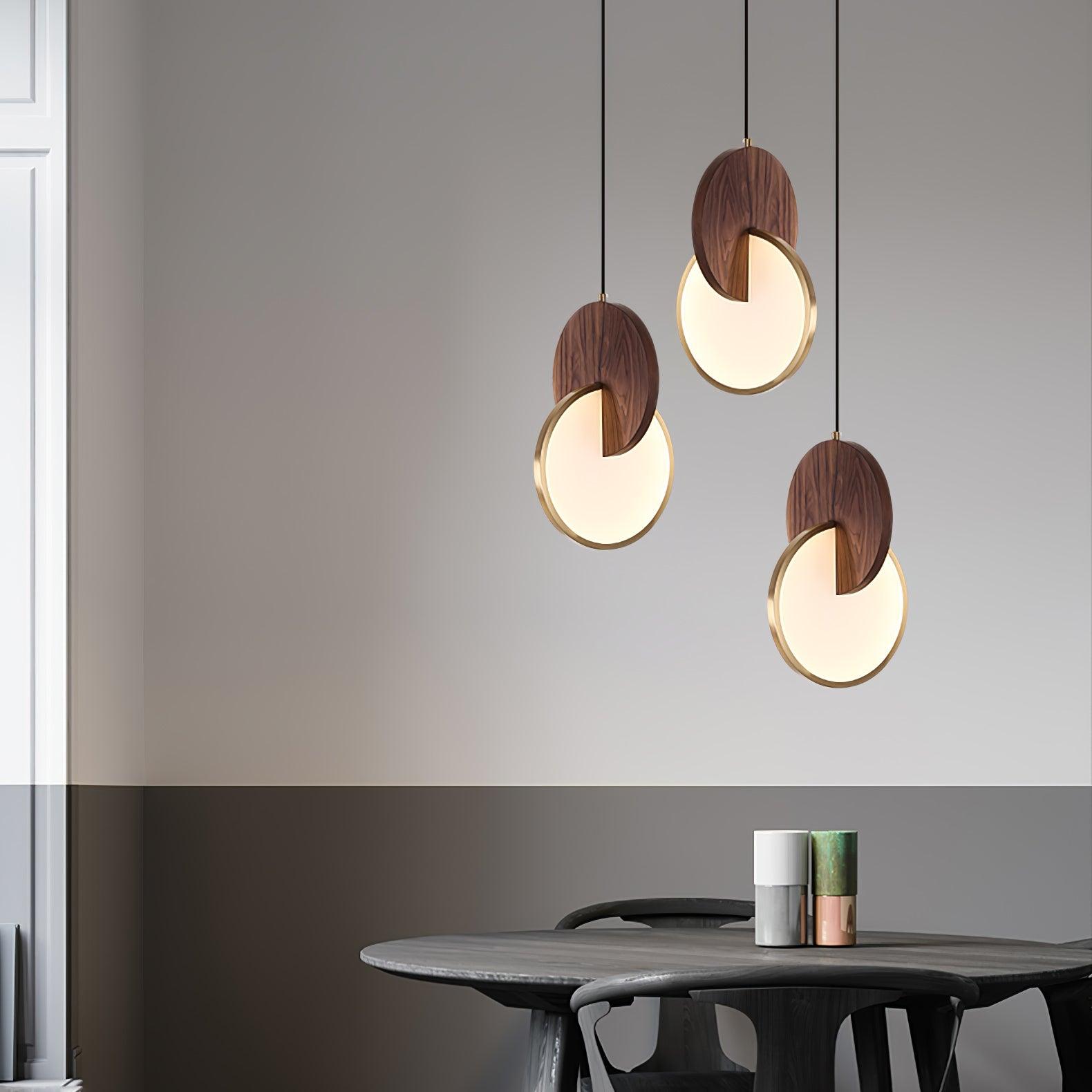 Modern Double Disk Wood and Metal LED Pendant Light for Kitchen Island and Dining Room