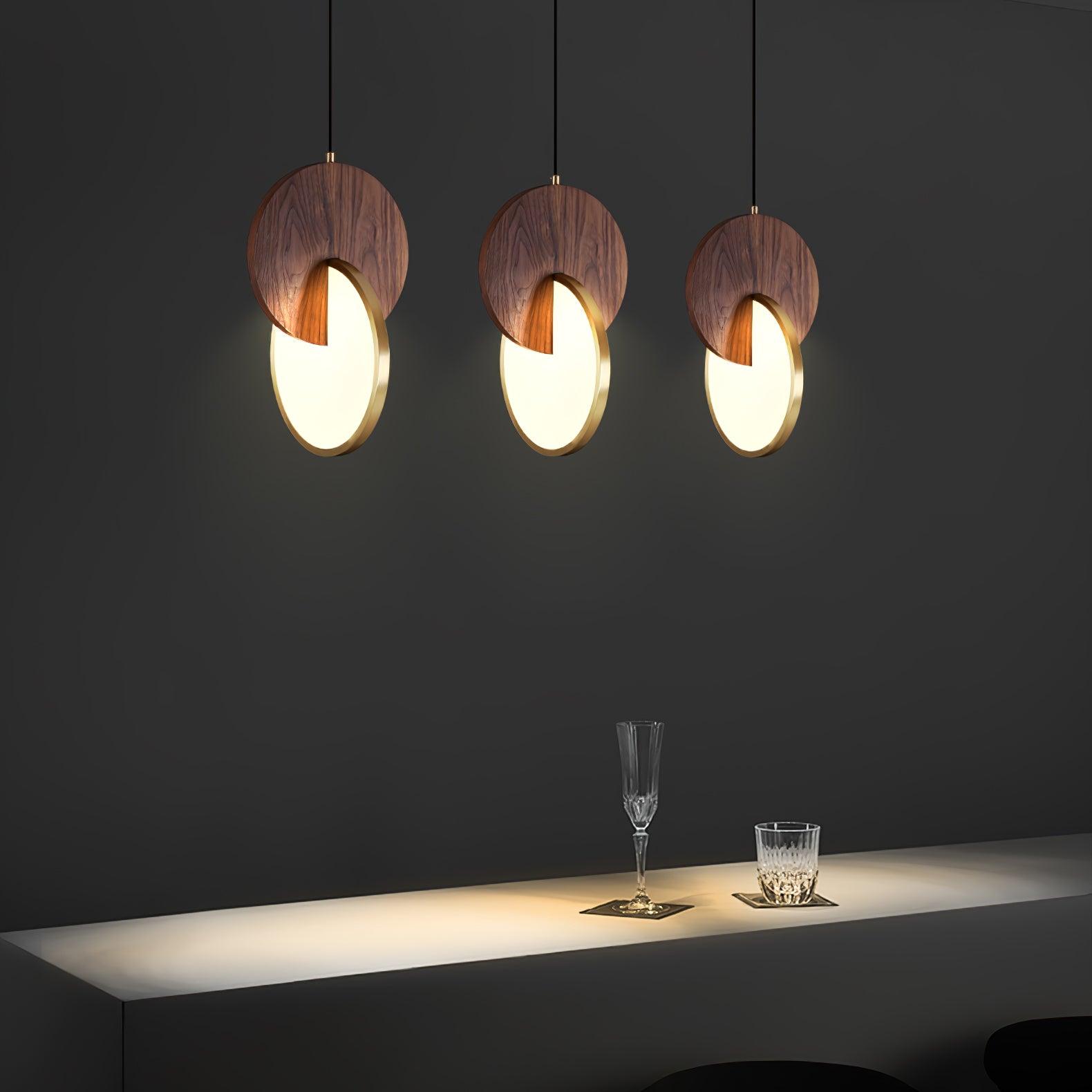 Modern Double Disk Wood and Metal LED Pendant Light for Kitchen Island and Dining Room