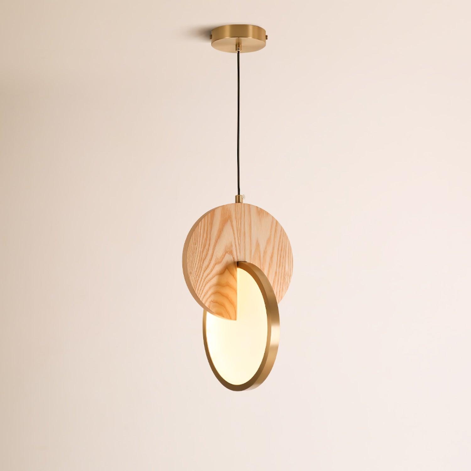 Modern Double Disk Wood and Metal LED Pendant Light for Kitchen Island and Dining Room