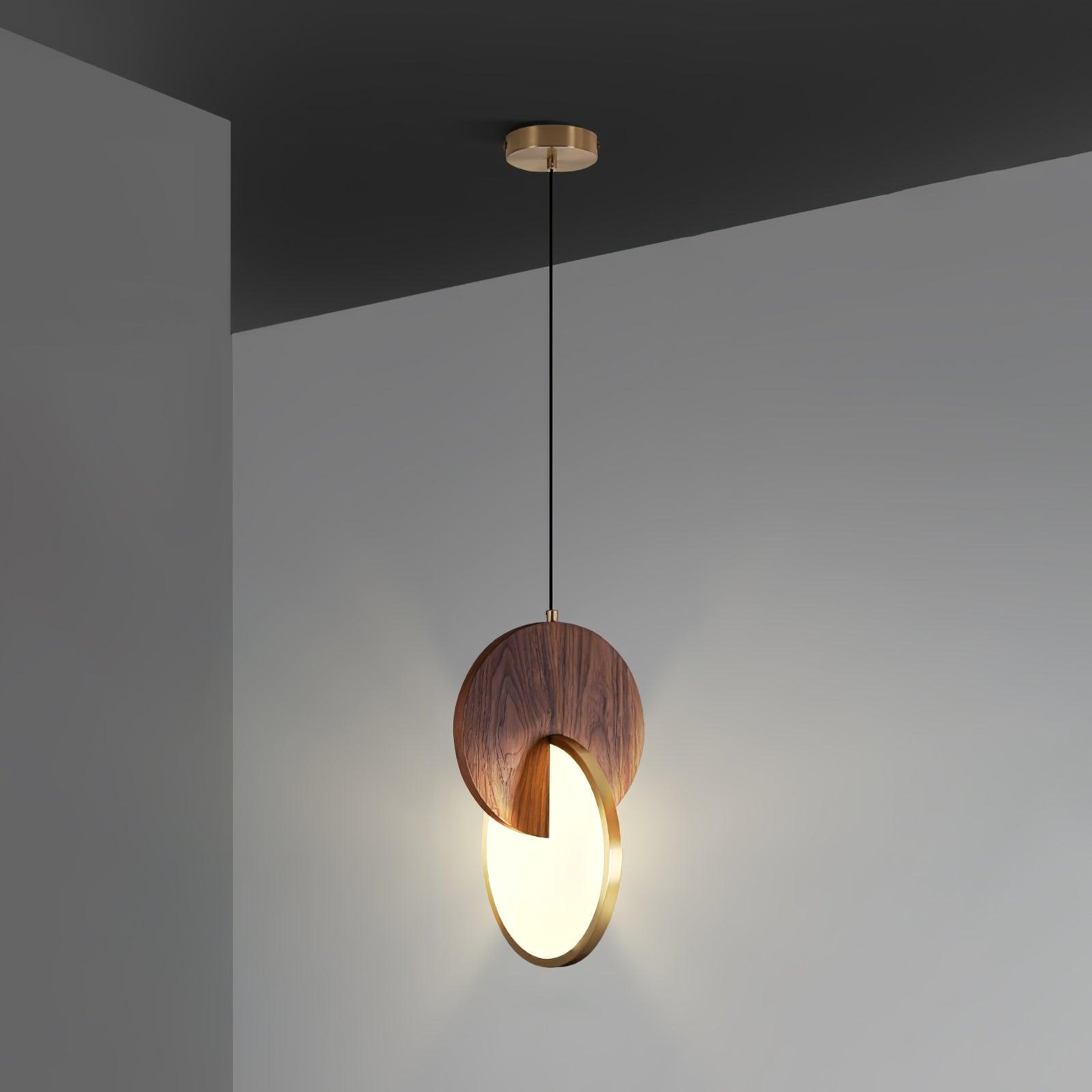 Modern Double Disk Wood and Metal LED Pendant Light for Kitchen Island and Dining Room