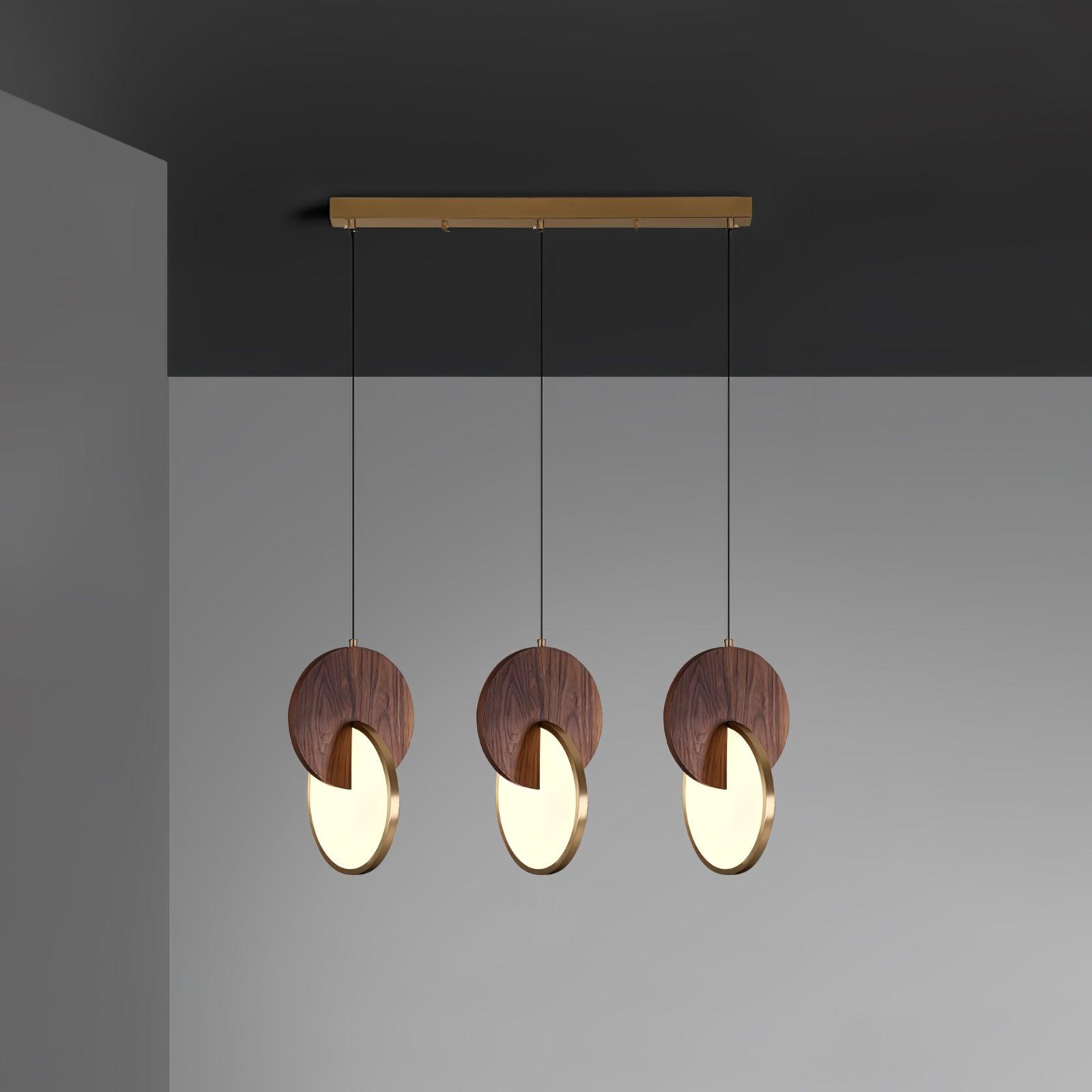 Modern Double Disk Wood and Metal LED Pendant Light for Kitchen Island and Dining Room