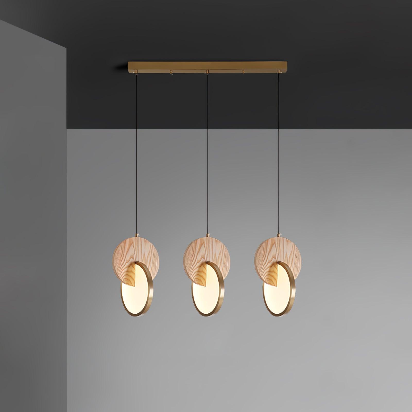 Modern Double Disk Wood and Metal LED Pendant Light for Kitchen Island and Dining Room