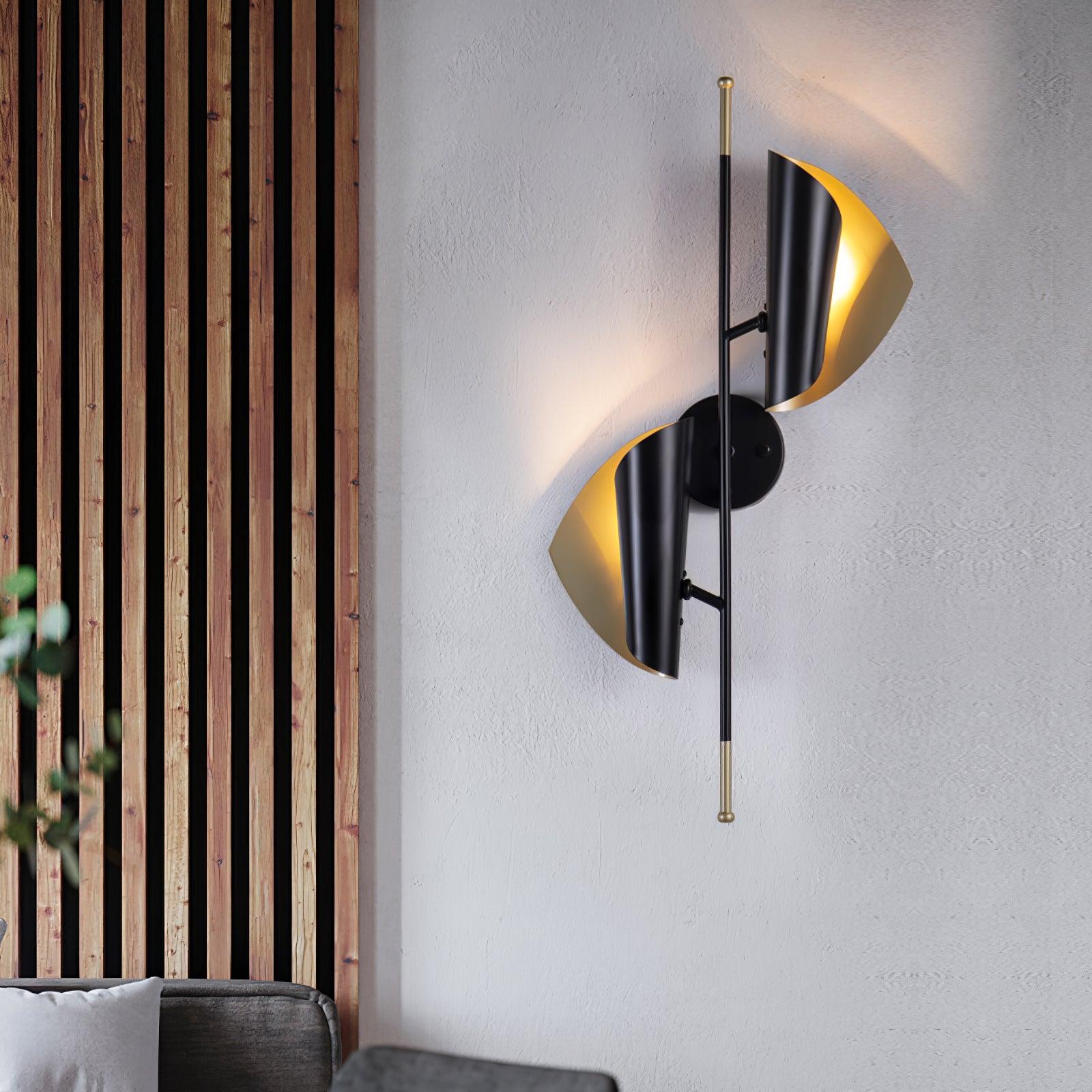 Modern Double Shade Metal Wall Sconce with Adjustable Rotation in Black and Gold