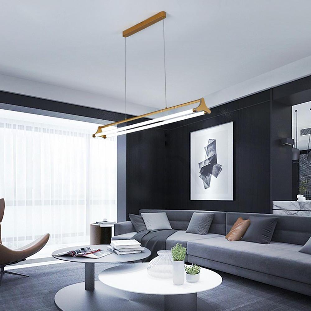 Modern Double Strip LED Pendant Light Gold Metal Linear Chandelier for Kitchen Island and Dining Room