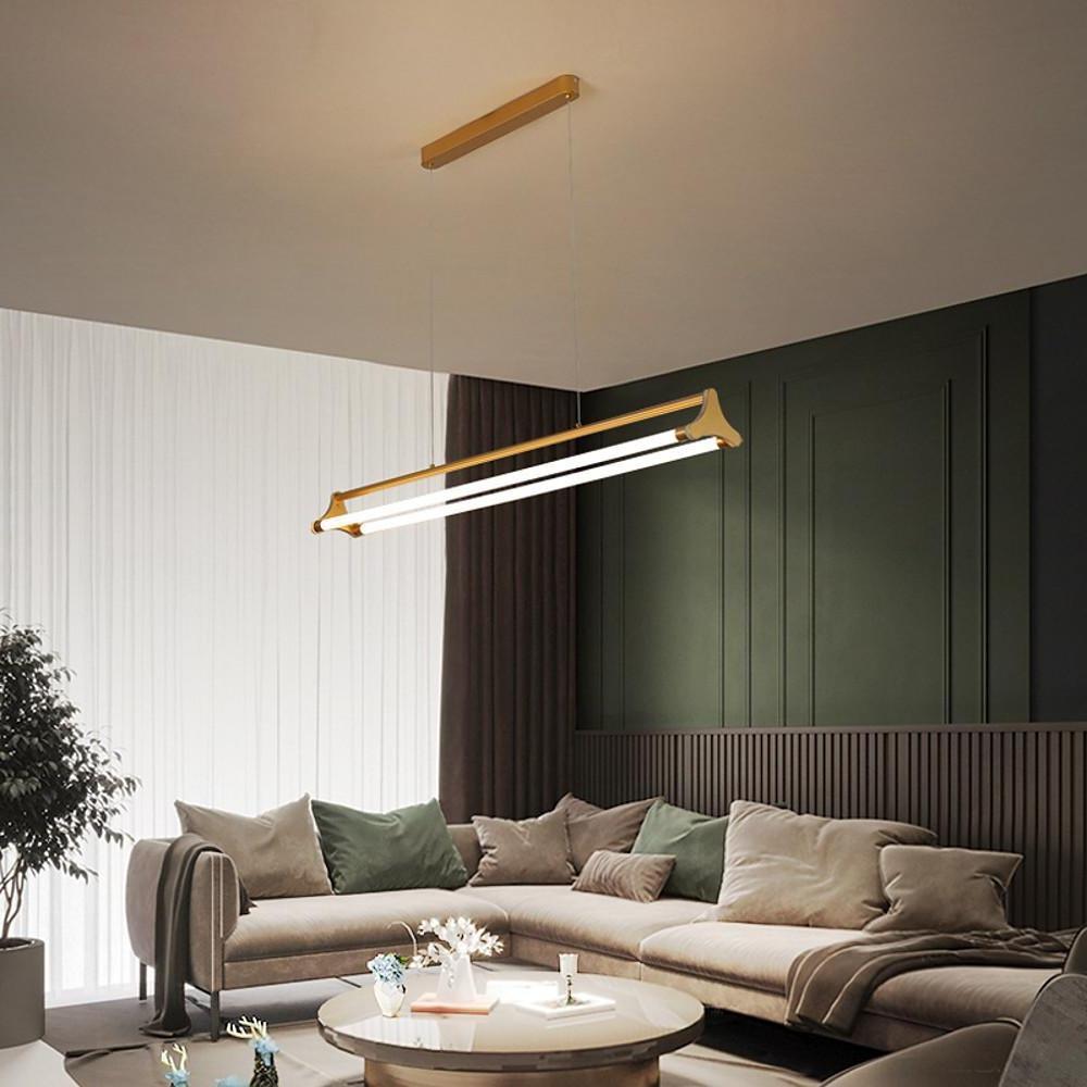 Modern Double Strip LED Pendant Light Gold Metal Linear Chandelier for Kitchen Island and Dining Room