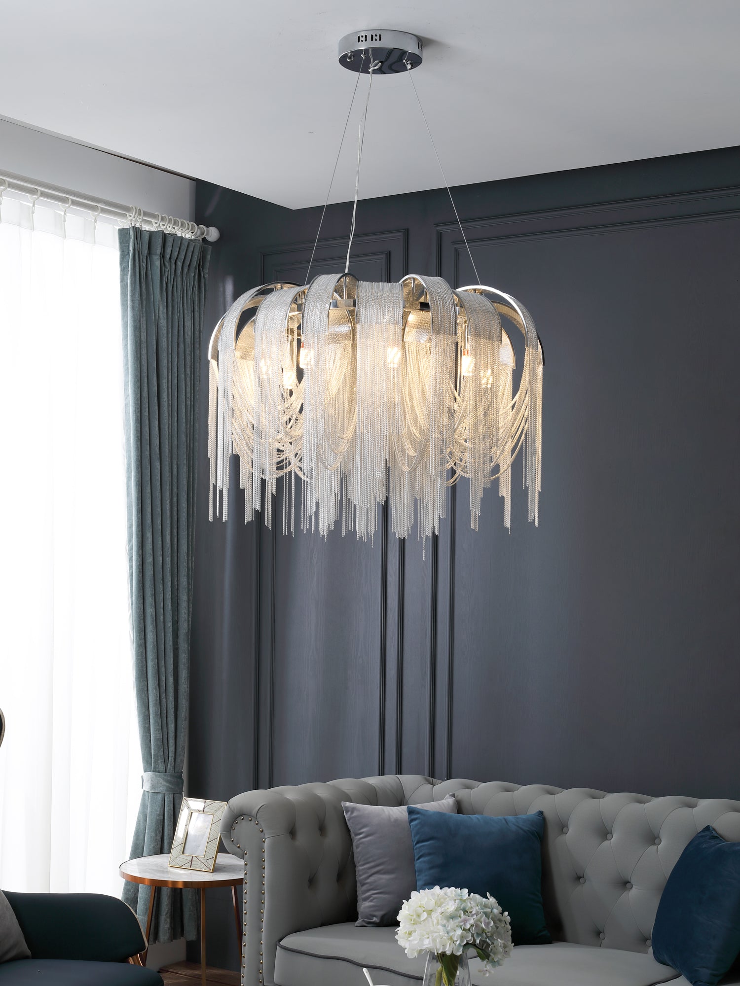 Modern Draped Metal Chain Chandelier LED Gasolier Lighting in Rose Gold and Chrome