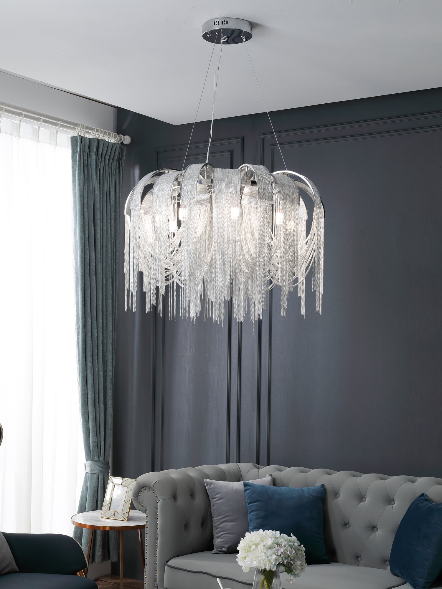 Modern Draped Metal Chain Chandelier LED Gasolier Lighting in Rose Gold and Chrome