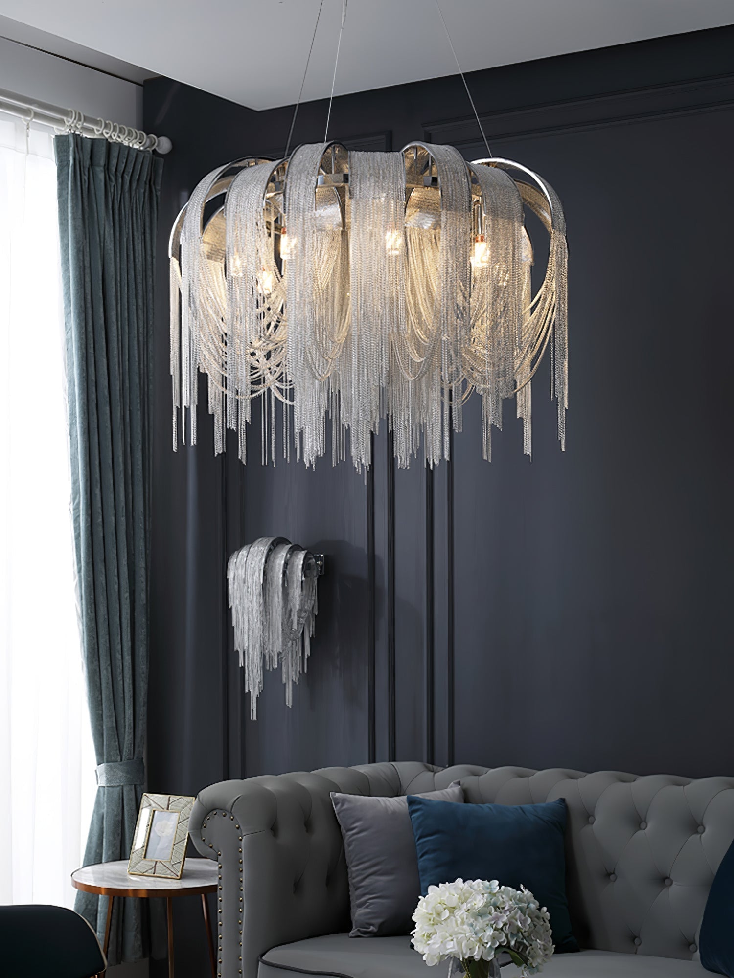 Modern Draped Metal Chain Chandelier LED Gasolier Lighting in Rose Gold and Chrome
