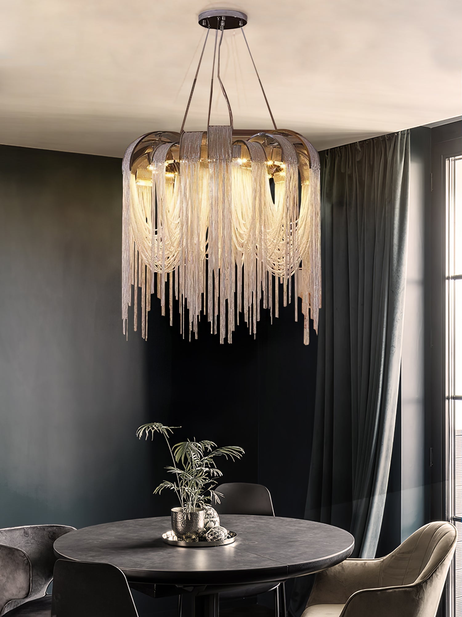 Modern Draped Metal Chain Chandelier LED Gasolier Lighting in Rose Gold and Chrome